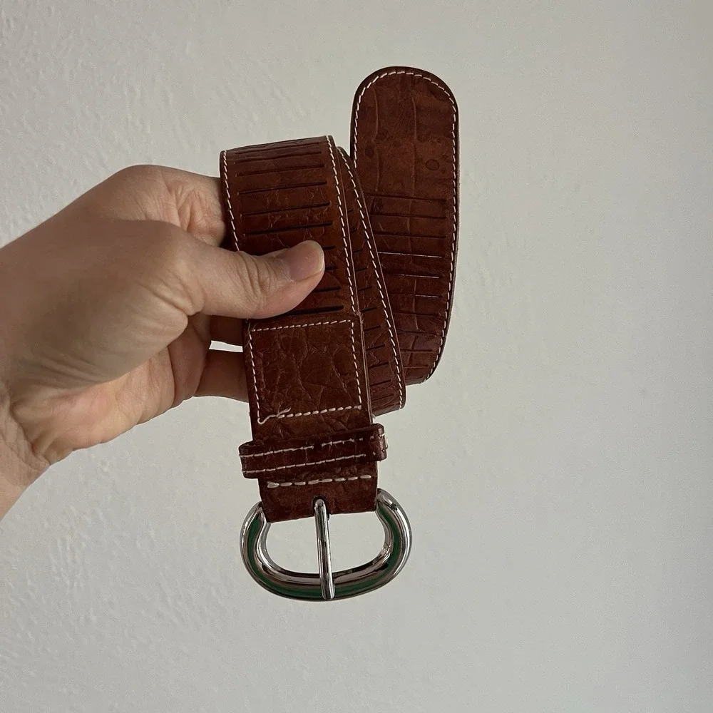 Vtg 90s Ann Taylor Brown Leather Croc Embossed Belt Silver Buckle Size Small